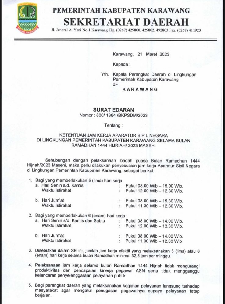 Jam Kerja ASN Karawang Ramadhan 1444 Hijriah